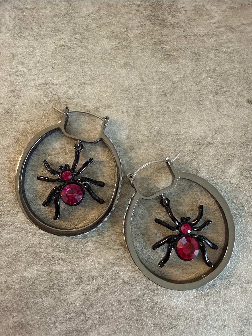 Black Hoop Earrings with Pink Gem Spider Accent